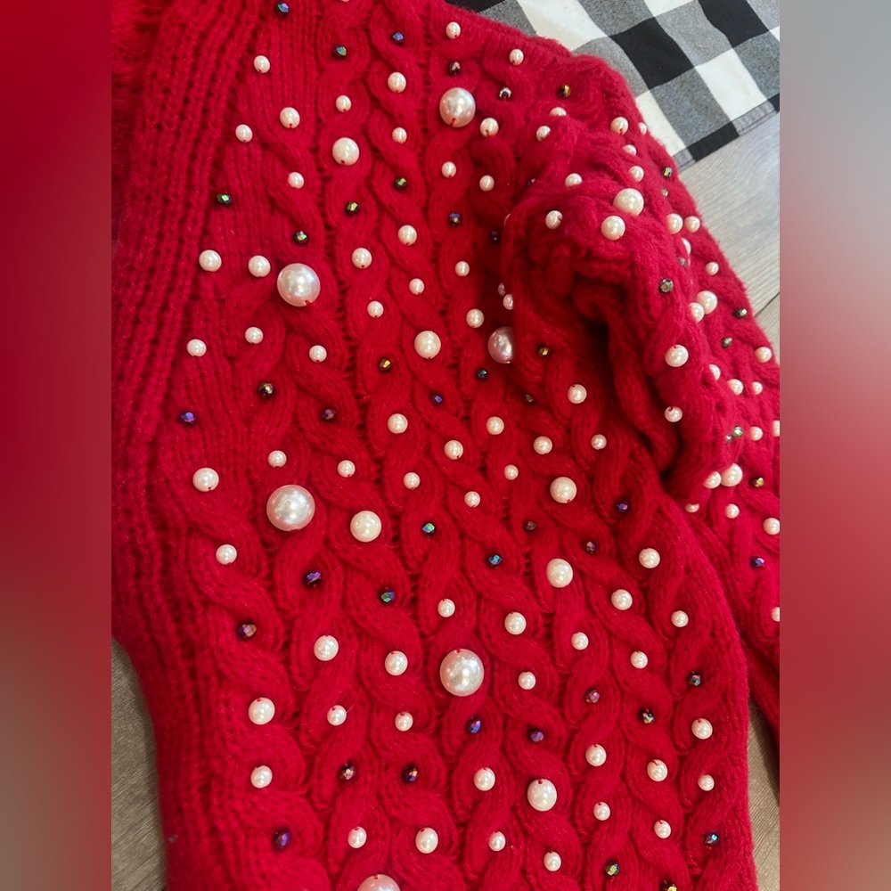 New BiBi Luxury Pearl & Rhinestone Chunky Knit Holiday Cardigan Grannycore Small - Picture 4 of 16